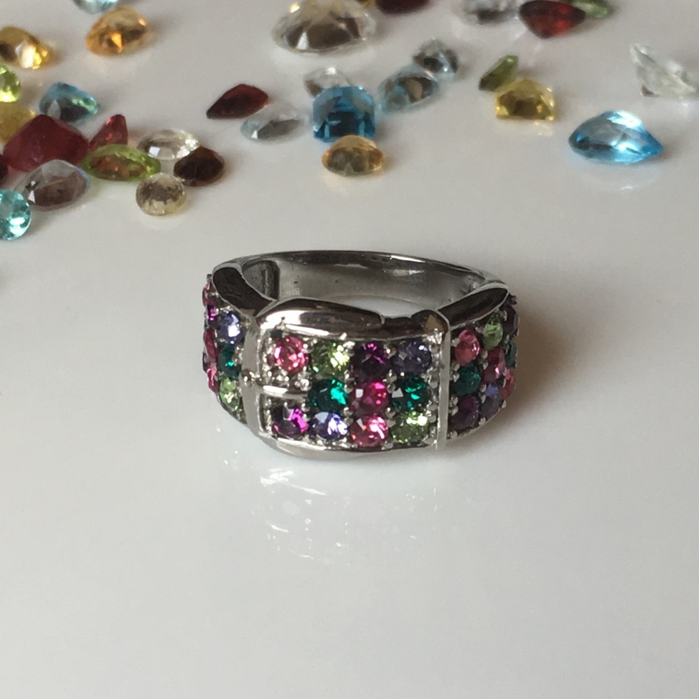 Genuine Multi-Gemstone Buckle Ring SS